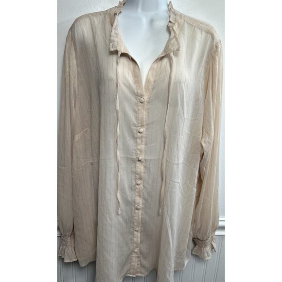 Torrid Tops - Torrid Chiffon L/S Blouse 3XL Button V-Neck Sheer Beige Gold Thread Academia